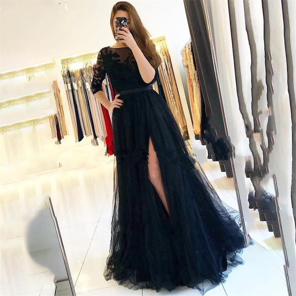 

Lily Long Sleeves Lace Prom Dress A-Line Party Dresses Floor Length Celebrity Gowns Black Party Dress with Slit вечерние платья