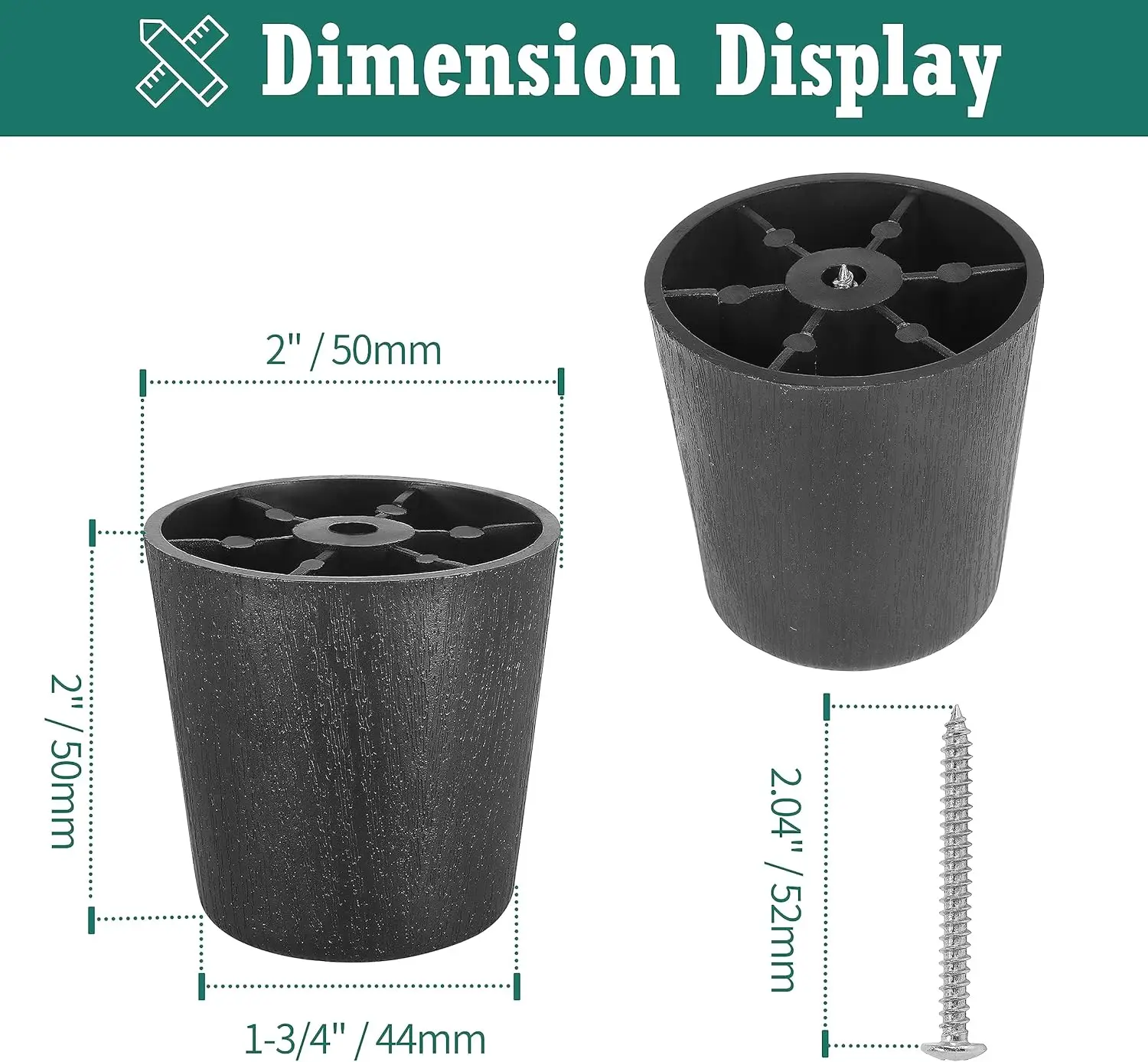أرجل أثاث بلاستيكية سوداء مقاس 2 بوصة، أرجل أريكة مدببة مستديرة، أرجل بديلة لأريكة طاولة الأريكة والأثاث