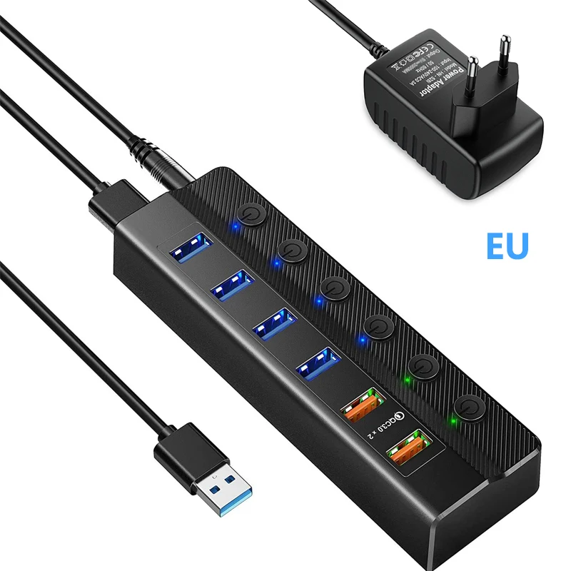 USB3.0 концентратор с адаптером питания 12 В, концентратор 3 0, Usb-разветвитель для зарядного устройства, быстрая зарядка 3,0 QC, аксессуары для ПК