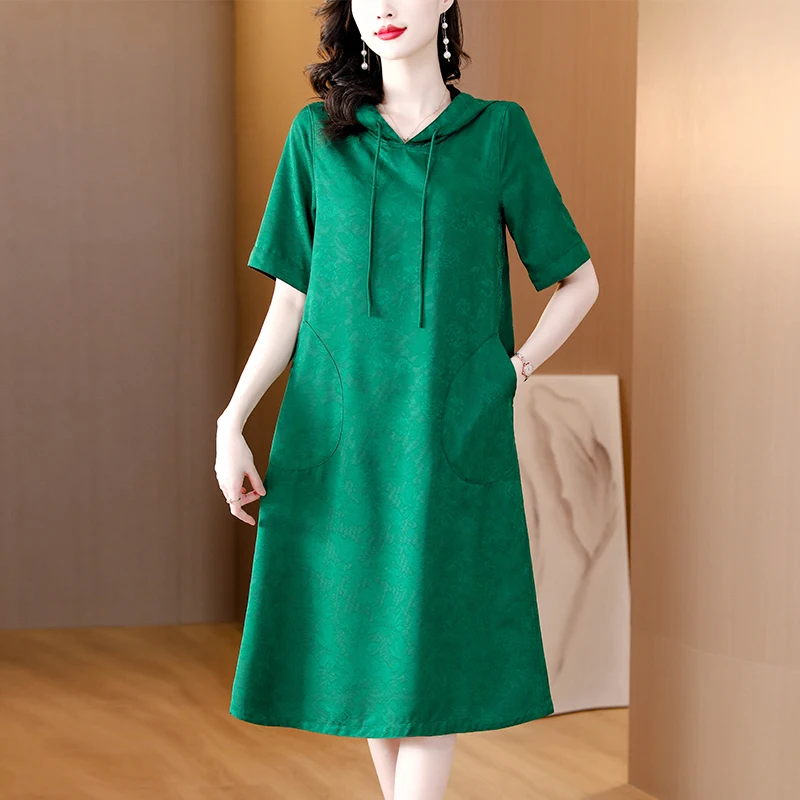 

2023 Summer New Silk Satin Short Sleeve Jacquard Jade Green Two Sided Wearable Hooded Dress Bohemian Loose Fit Slim Long Dress