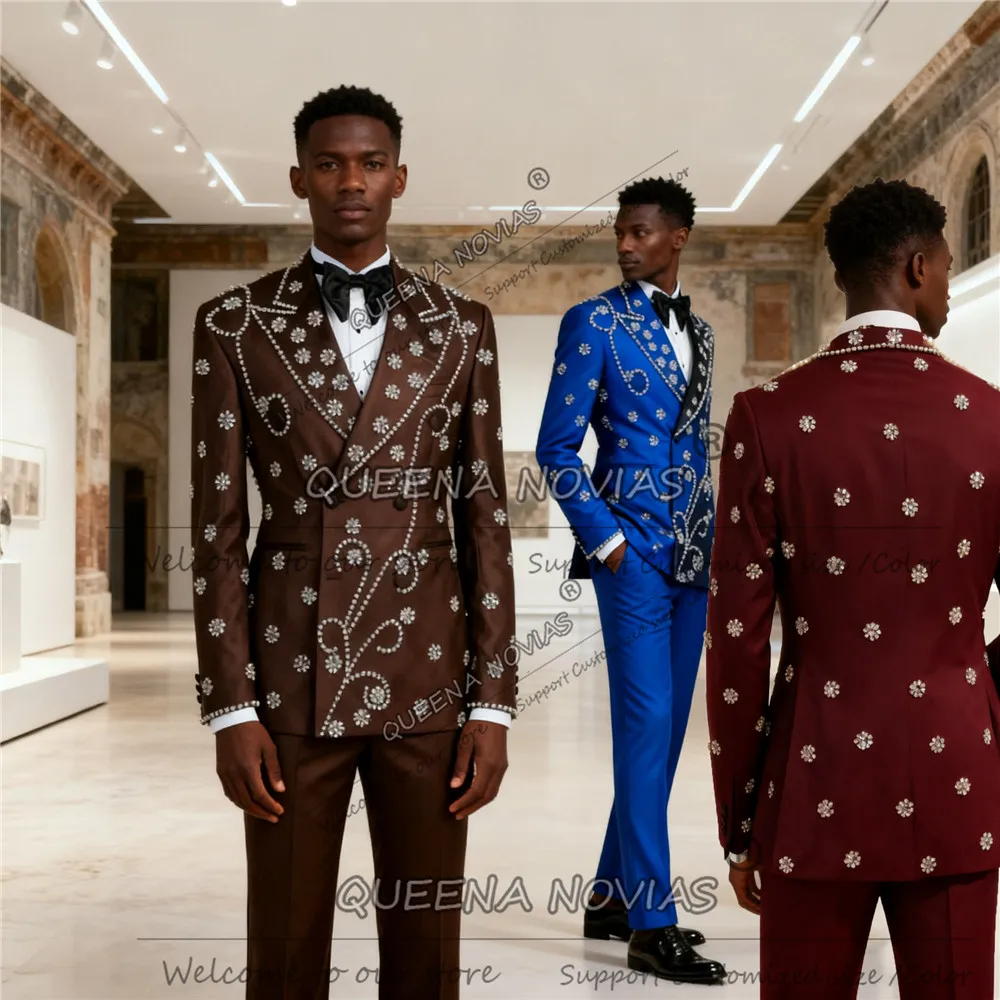 رجل مزدوج الصدر الدعاوى مطرز الأحجار حفلة موسيقية السترة مخصصة 2 قطعة مجموعات الرجال ملابس العريس الزفاف سهرة terno masculino