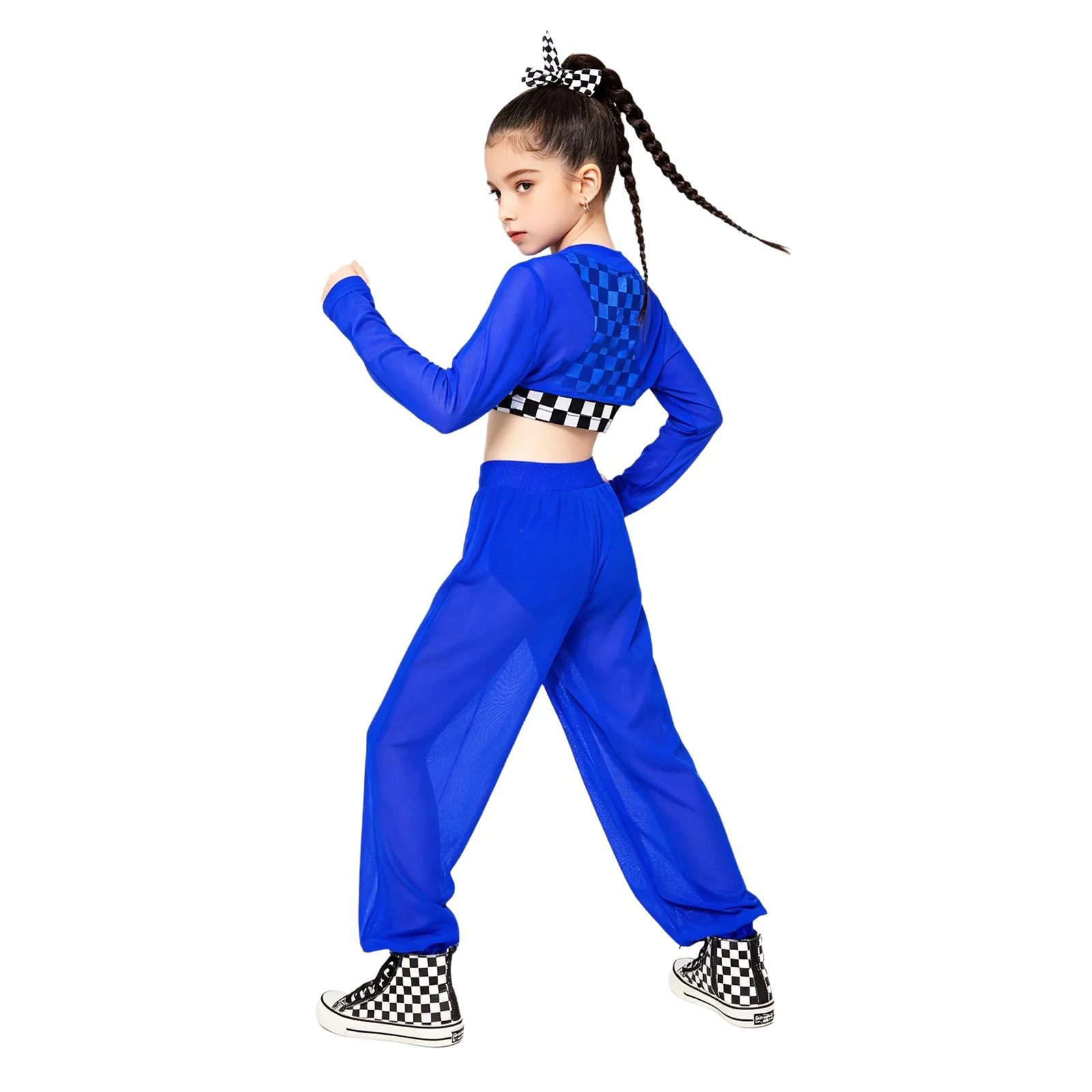 Children Girls Race Car Driver Costume Jazz Hip Hop Street Dance Outfit Mesh Crop Top with Checkerboard Print Vest Sports Pants