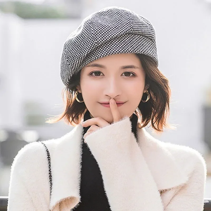 2024 Simple Women Wool Beret for Elegant Lady Winter Female Cotton Hats Plaid Vintage Octagonal Casual Autumn Cap