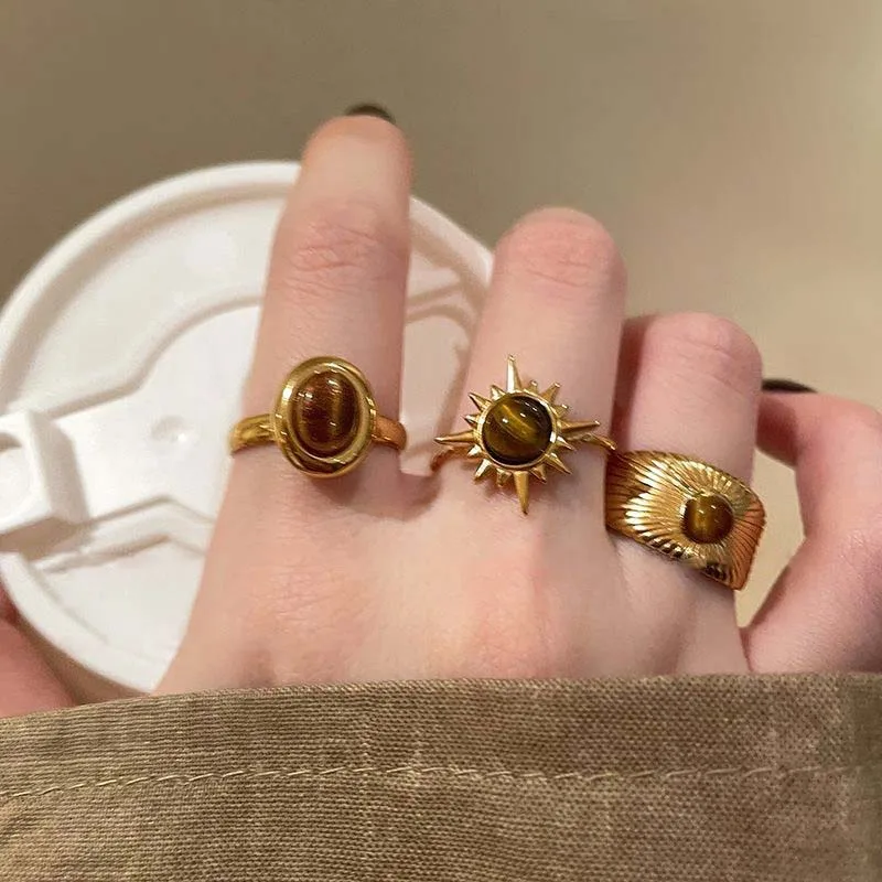 Vintage Brown Opal Stone Open Rings for Women Fashion Gold Color Irregular Sunflower Adjustable Ring Aesthetic Jewelry Gifts