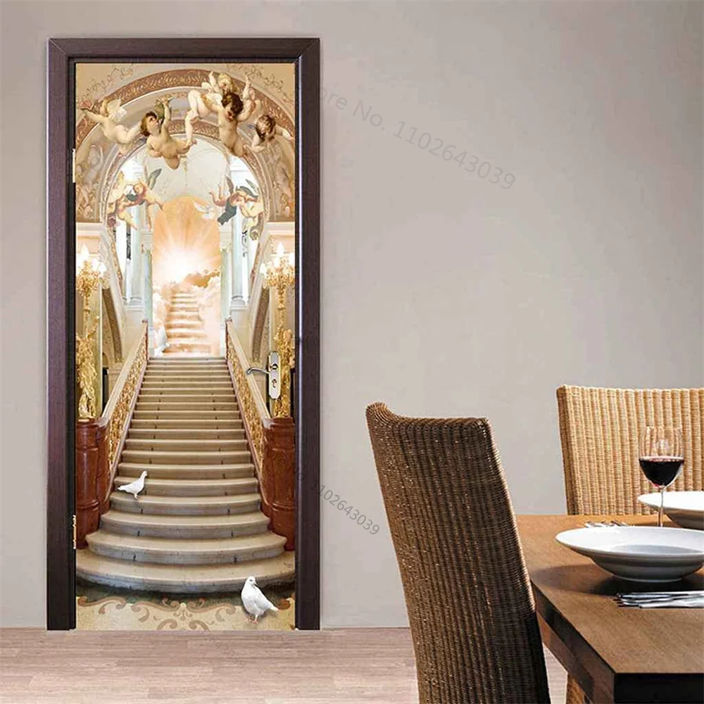 Creative Nordic Luxury Staircase Pattern Door Sticker Self Adhesive Wallpaper Living Room Bedroom Decorative Doors Cover Poster