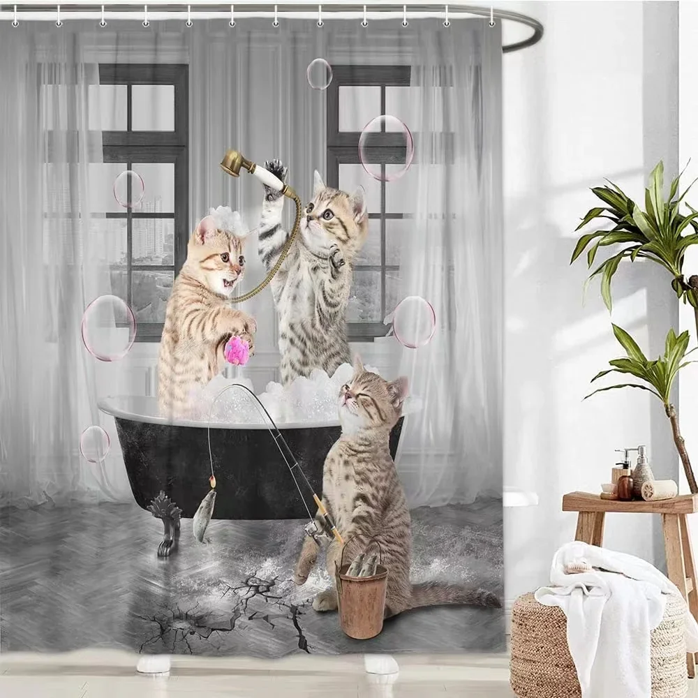 Funny Cat Shower Curtain Fun Animal in Bathtub with Fish Cloth Fabric Shower Curtain Hilarious Pet Bathroom Decor Set with Hooks