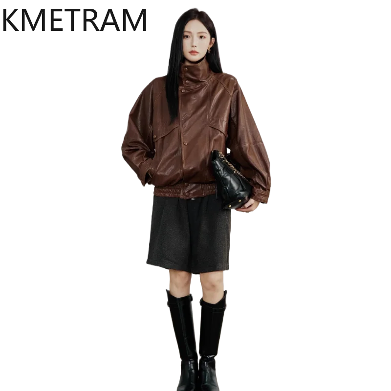 KMETRAM Genuine Sheepskin Leather Jacket Woman Retro Fashion Coat Korean Style Autumn Jackets Women Clothing 2026 jaqueta couro