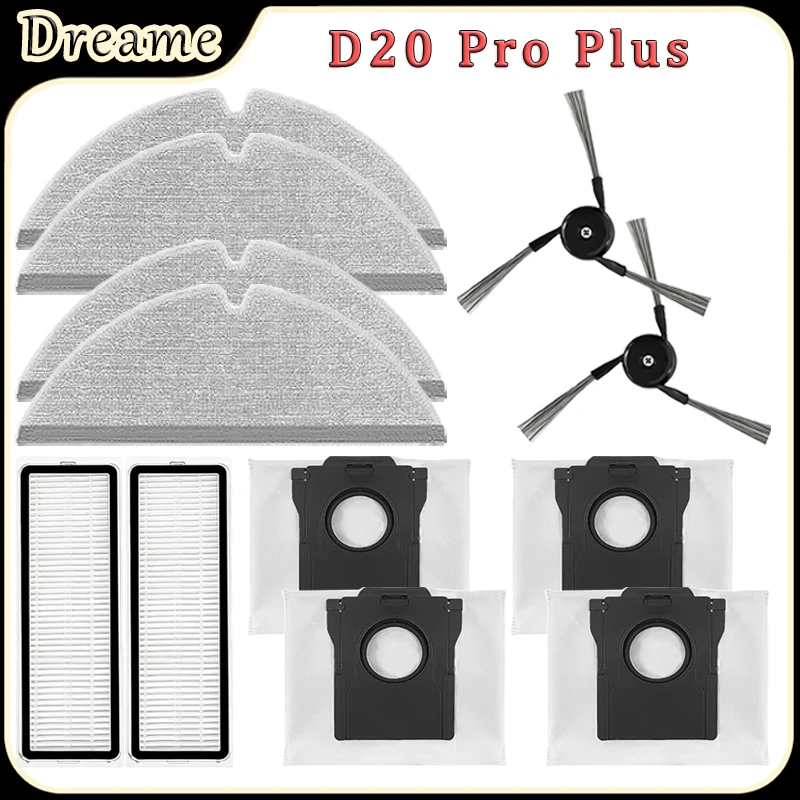 For Dreame D20 Pro Plus Robot Vacuum Accessories:HEPA Filters Mop Pads Dust Bag Side Brush Replacement Parts