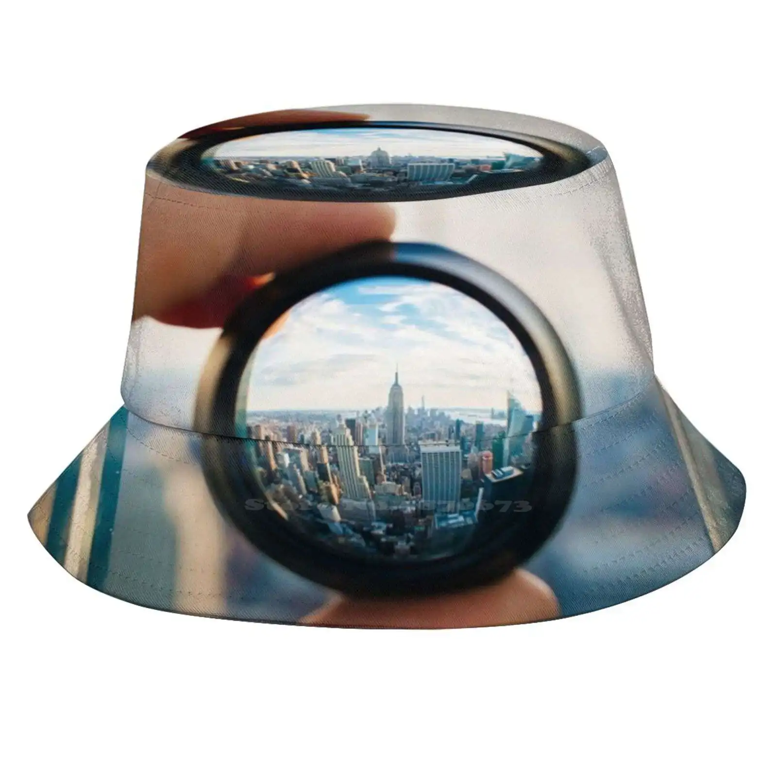 Man Holding A Lens Over Manhattan Korean Caps Funny Beach Bucket Hats Lens Vision View Future Goal Travel Destination Hand Nyc