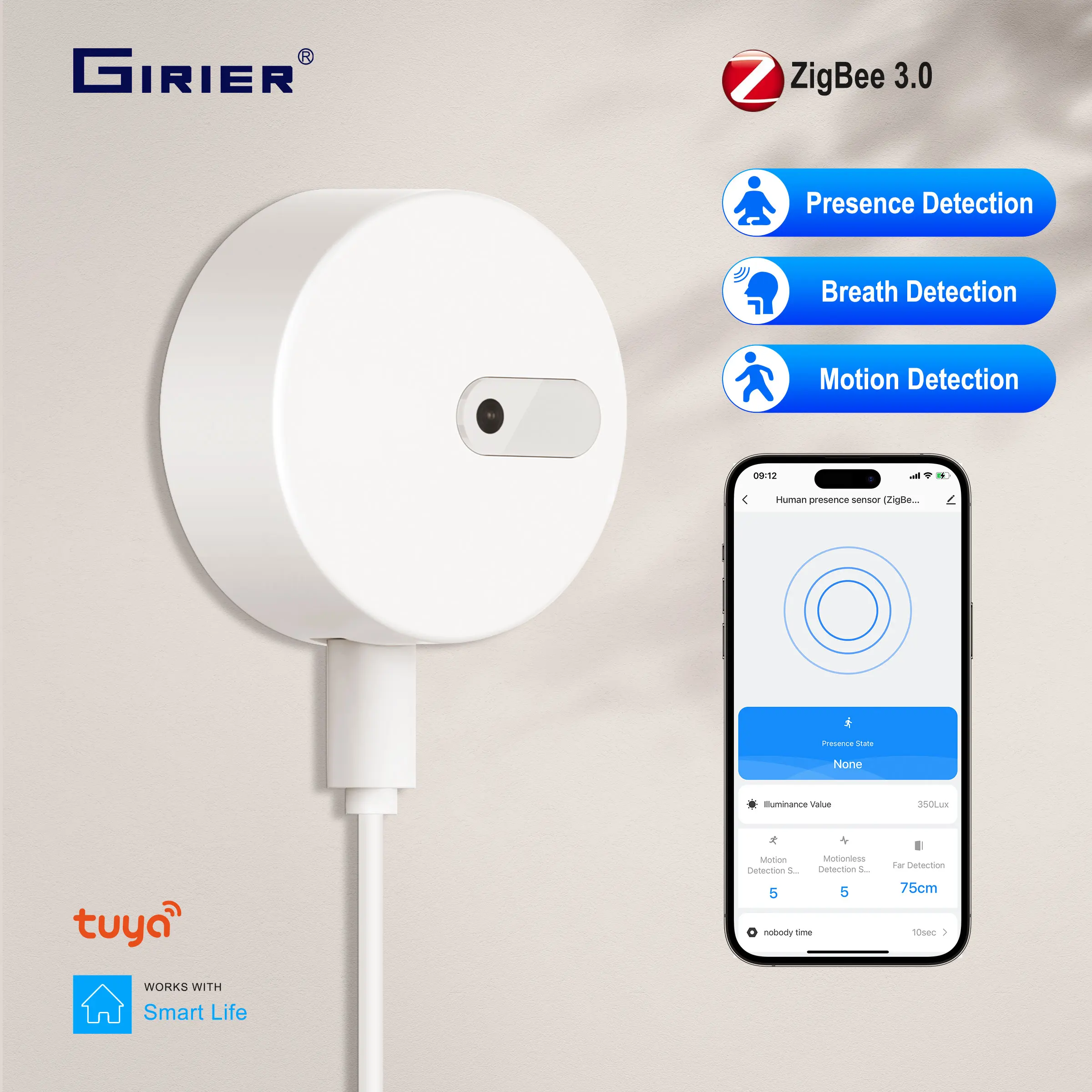 GIRIER Tuya ZigBee Human Presence Sensor Mmwave Radar Detection with Smart PIR Motion Monitor and Light Sensor for Home Security