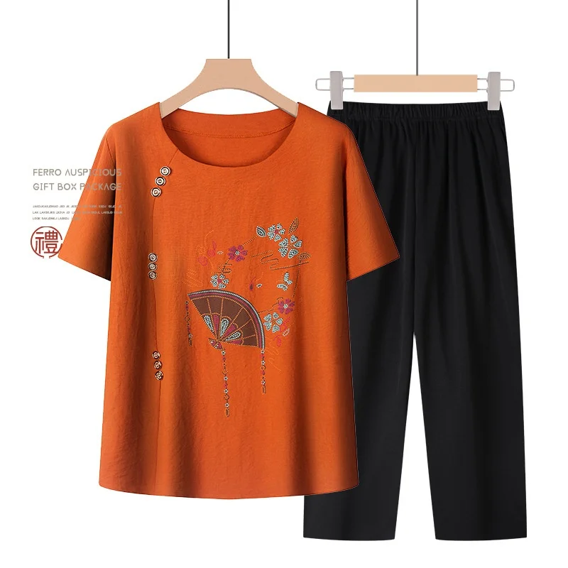 Conjunto de pijama de dos piezas para madre de mediana edad, ropa de dormir de manga corta, Camiseta de cuello redondo, verano, 2024