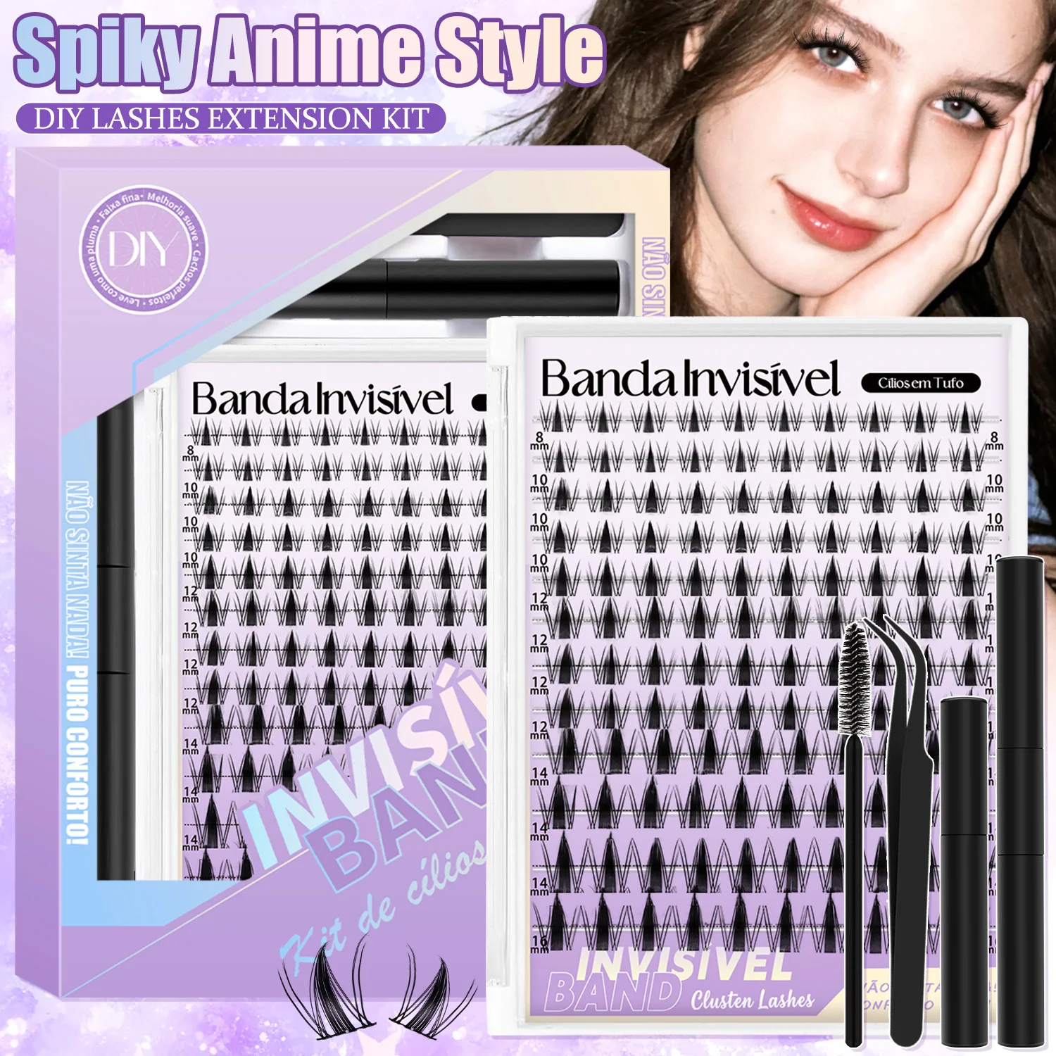 DIY Spiky Anime Wimpern-Cluster-Set mit unsichtbarem Band, 8-16mm gemischte Längen, Cluster-Wimpern, natürlicher, zarter Wet-Look mit Klebstoff und Versiegelung.