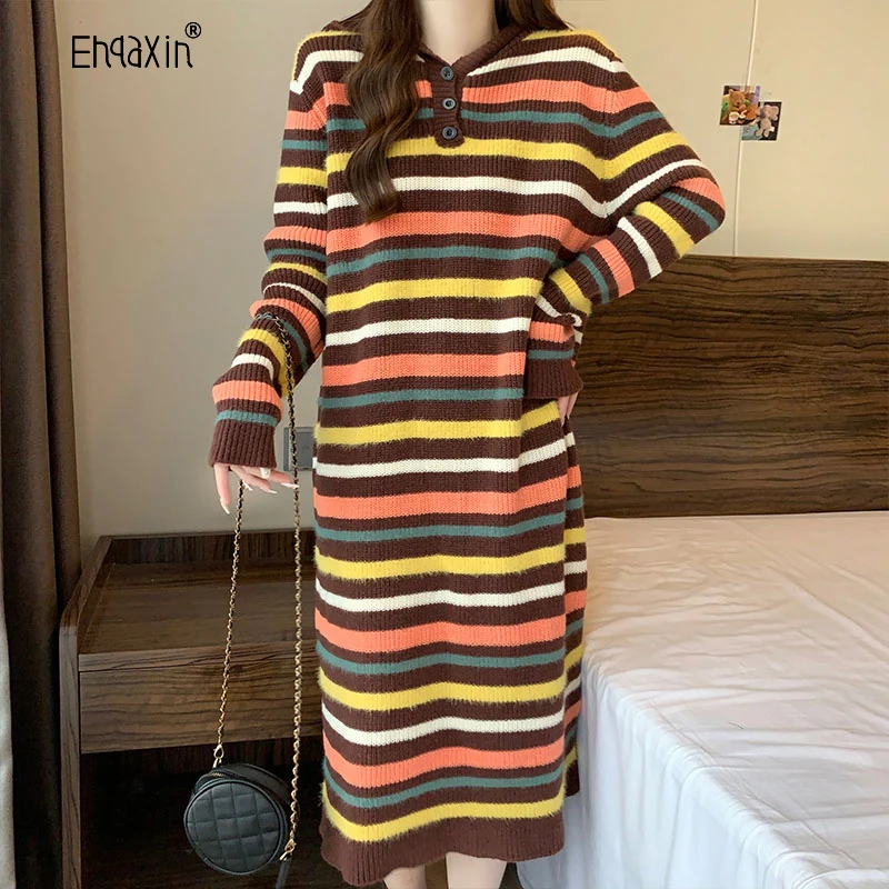 

EHQAXIN Women's Knitted Hooded Dress Fashion 2024 Spring New Korean Loose Straight Tube Contrast Striped Sweater Dresses M-4XL