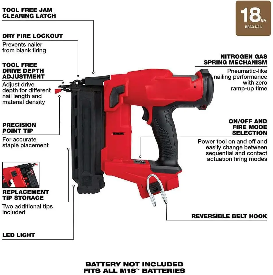 Fits 2746-20 M18 18 Gauge Brad Nailer, Finish Nail Gun, Nail Guns -Tool Only