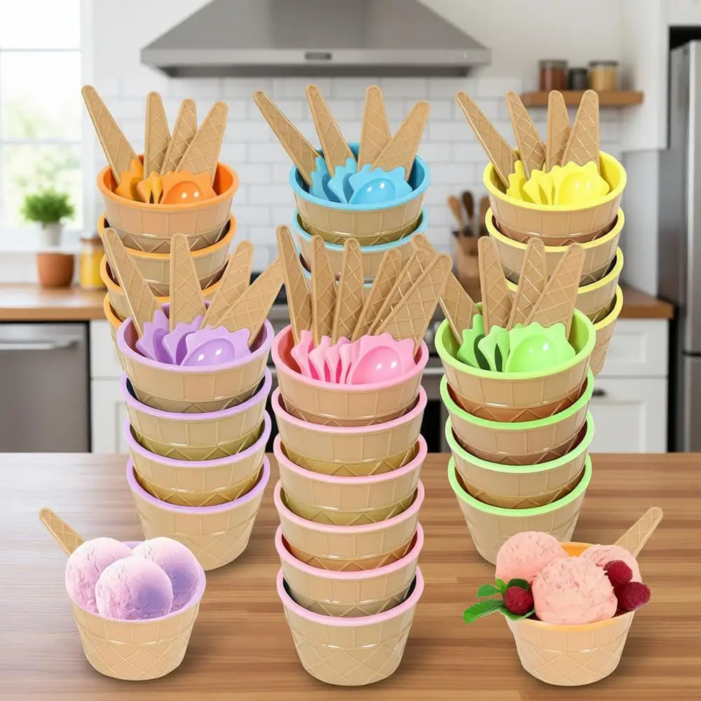 

Набор из 26 многоразовых пластиковых стаканчиков для мороженого с ложками, красочный мультяшный дизайн, идеально подходит для летних вечеринок