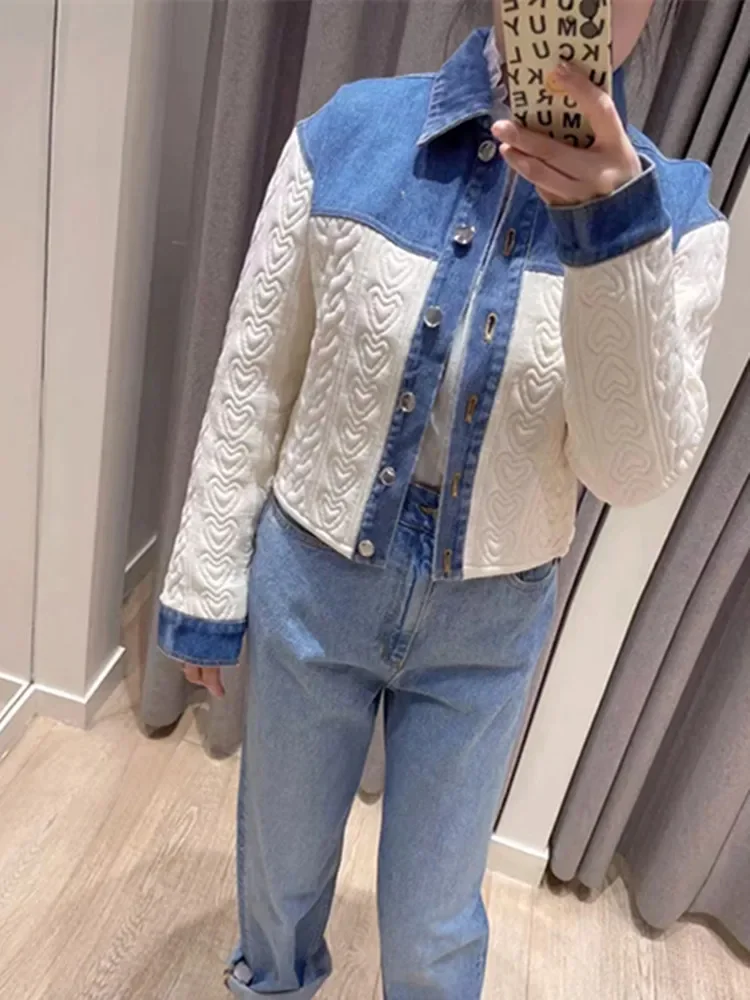 Women Heart Shaped Embossing Short Jacket Denim Splice Temperament Outerwear Turn-down Collar Single Breasted Coat for Lady