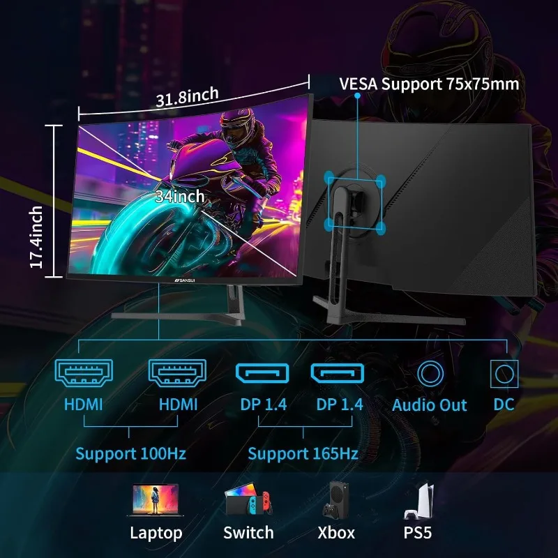 จอเกมโค้ง 34 นิ้ว UWQHD 3440 x 1440 165Hz Curved 1500R - PIP/PBP, 1ms(MPRT), HDR, 300nits