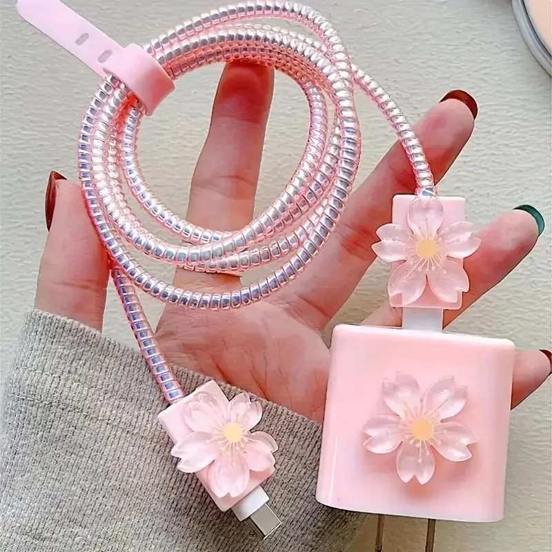 5PCS Pink Cherry Blossom Charger And Cable Protector Sleeve Set for 18W 20W Fast Charging Cable Fast Charging Adapter Case