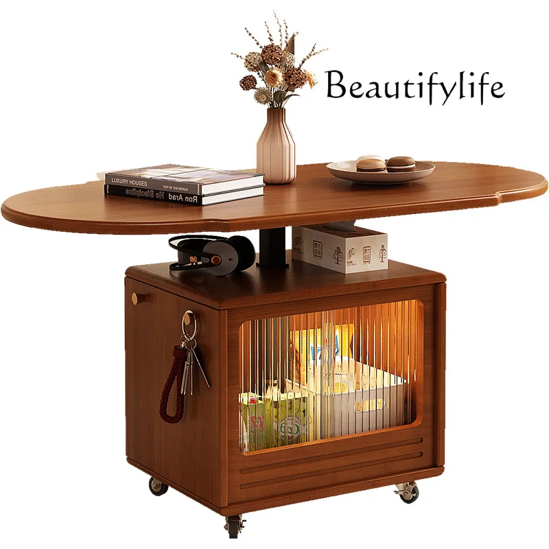 French Small Apartment Living Room Home Tea Table Solid Wood Lifting Coffee Table Multi-Functional Mobile Tea Table