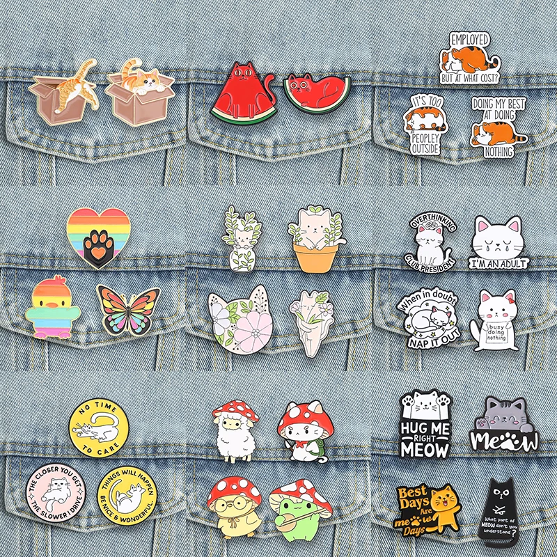2-4 Stück/Set Chubby Cat Emaille-Anstecknadeln, Pilzhut, Blumen-Kätzchenpfoten-Brosche, Wassermelonen-Schmetterlings-Reversnadeln, Cartoon-Tier-Schmuck
