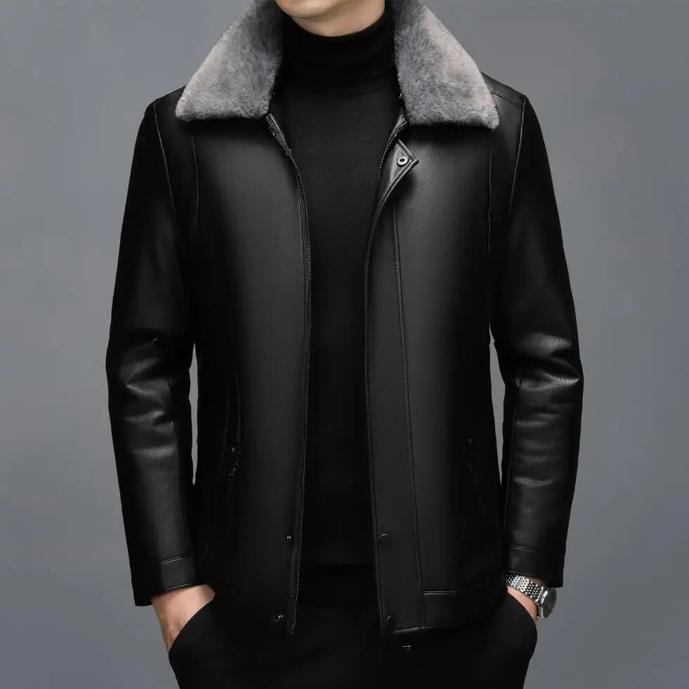 

Осень-зима-весна мужское кожаное пальто с кожаным воротником и съемным шерстяным воротником короткое повседневное деловое пальто из овчины