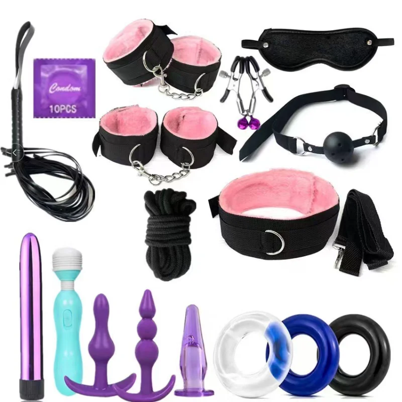 

Adult SM Set Combination 17PCS Alternative Bondage Set Sex Toys Kits Handcuffs Anal Plug Vibrator Flirting Supplies