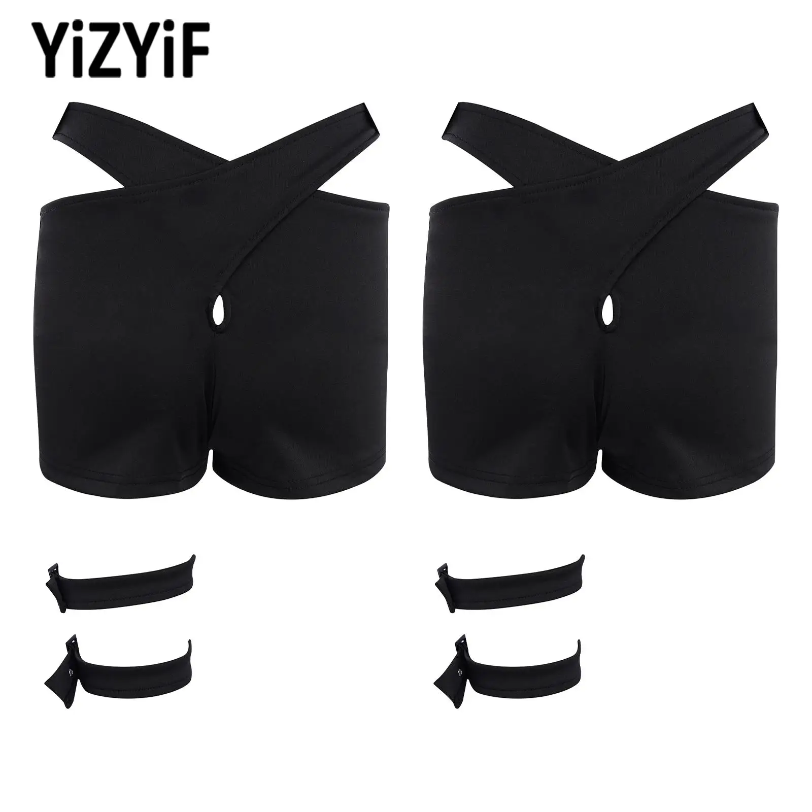 

Womens Music Festival Club Party Dance Costumes Adjustable Buckled Cutout Cross Waistband Yoga Shorts with Leg Rings Streetwear