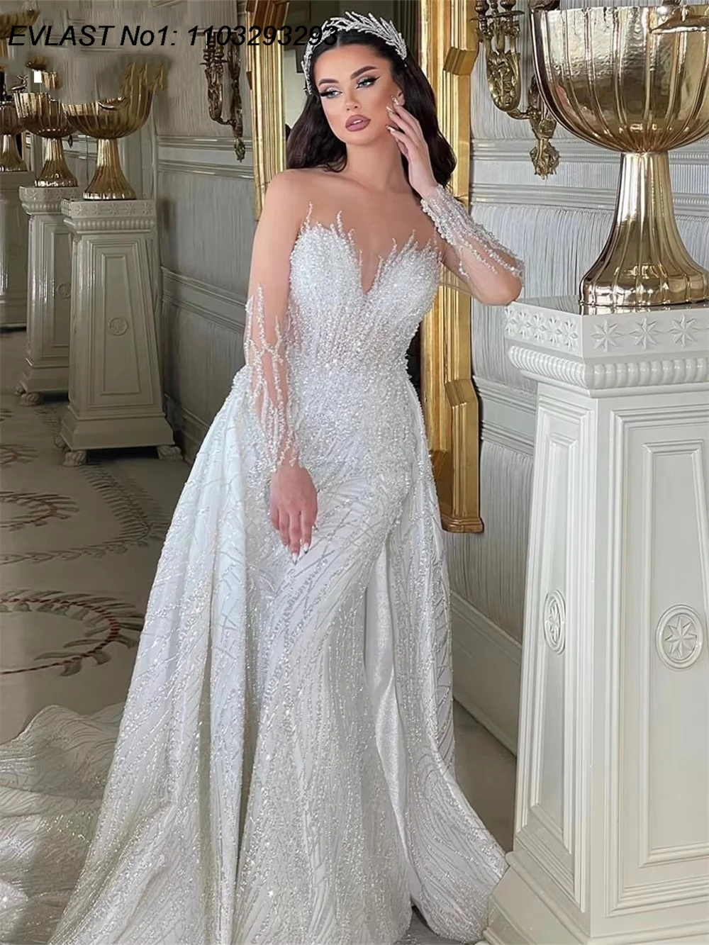 EVLAST Angepasst Romantische 2025, Spitze Langarm Meerjungfrau Hochzeit Kleid Applique Perlen Frauen Braut Kleid Vestidos De Novia TMD80