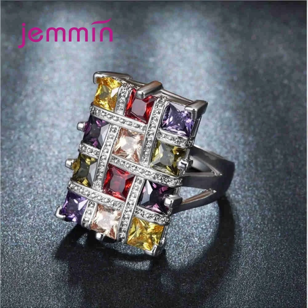 Boutique Women 925 Sterling Silver Colorful Geometric Rings Square Big Cubic Zircon Romantic Promise Engagement Jewelry