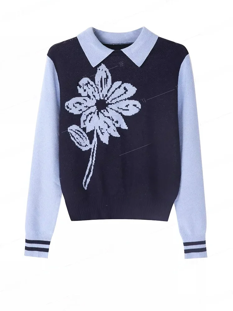 

Commute Faionable Long Sve Camere Knitwear Women's Print Design Sense Color Blo Fake Two-Piece Top Korean Sle