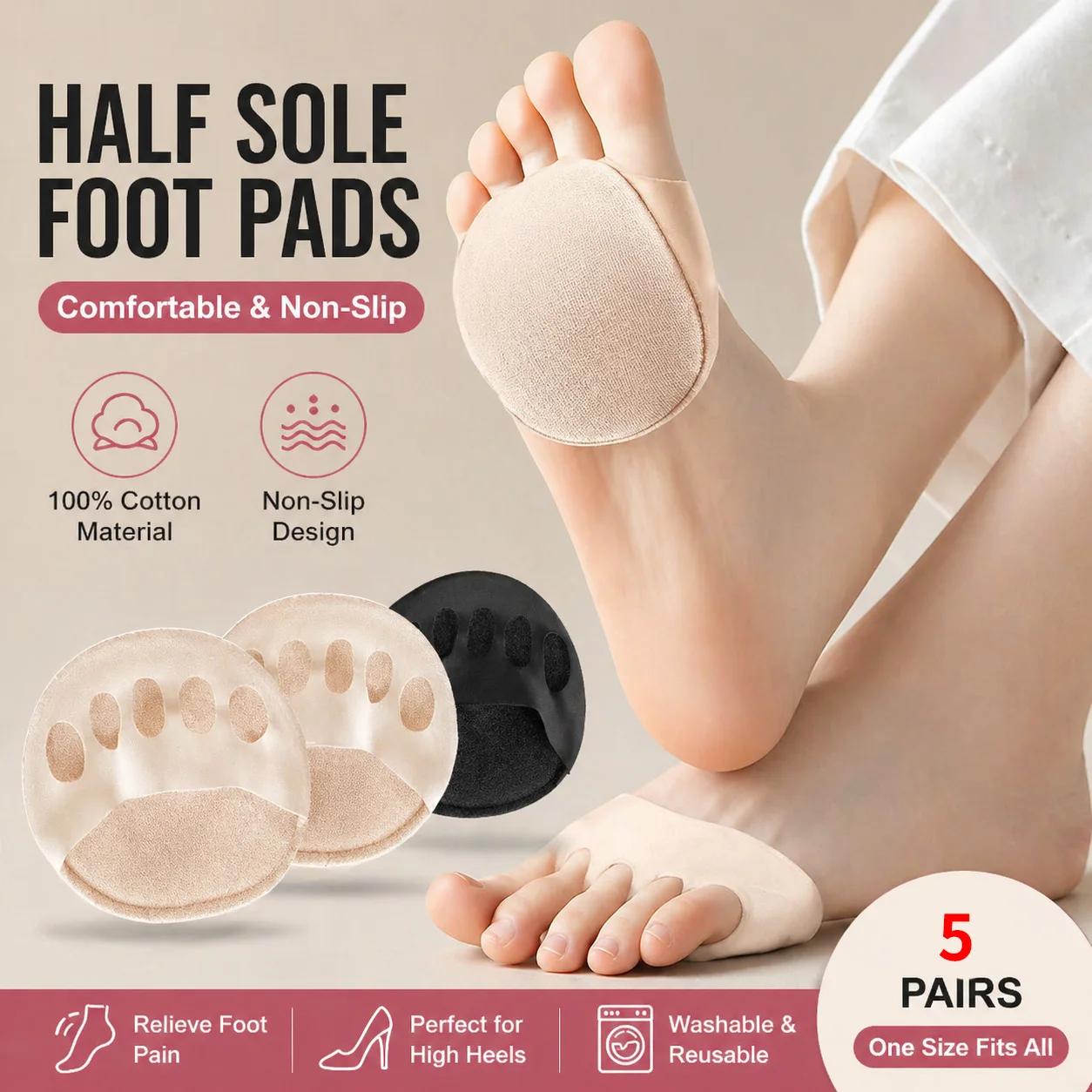 Non-Slip Half Sole Foot Pads for Comfort & Support - Reusable, One Size Fits All, Perfect for High Heels and Daily Wear