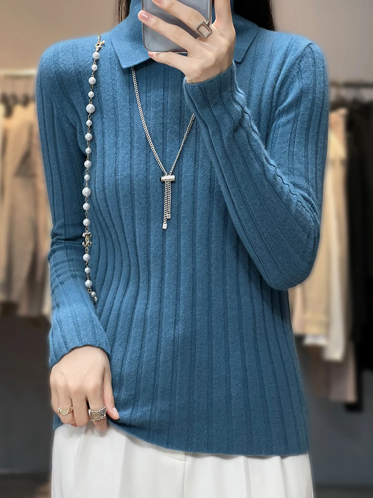 Suéter de punto con cuello Polo para mujer, jerseys ajustados de manga larga, Tops de fondo suaves y cálidos, otoño e invierno, nuevo