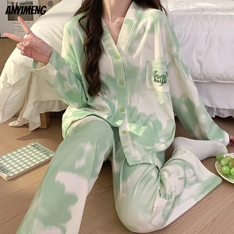 Women Pajamas Set Long Sleeves Kimono V-neck Lapel Sleepwear Autumn Loungewear for Girl Korean Pink Pijamas Faux Cotton Homesuit