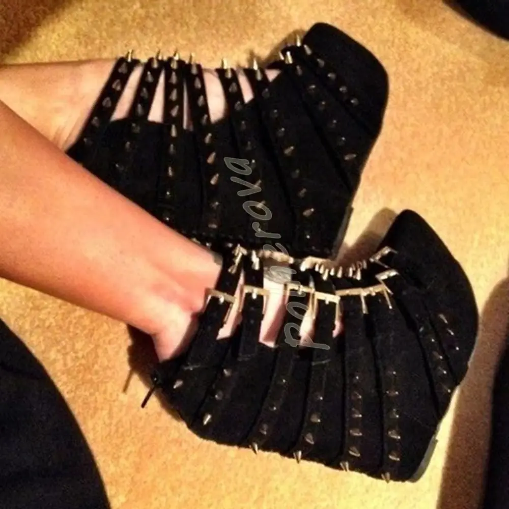Spiked Studded Wedge Pumps Multi Buckle Straps Square Toe Platform Punk Gothic Side Zipper Ankle Boots Party Fashion Women Shoes