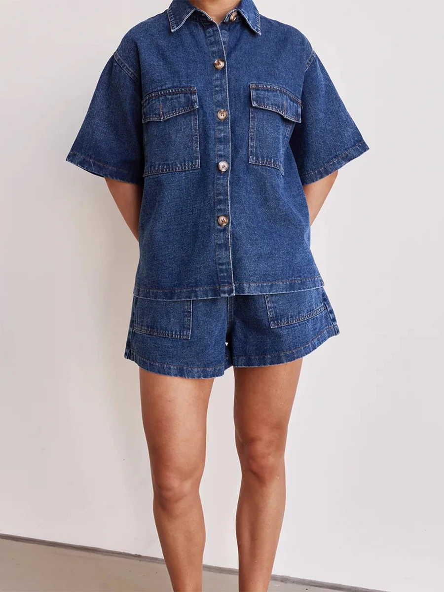 Women Summer Outfits Solid Color Denim Button up Short Sleeves Shirt and Elastic Shorts Club Streetwear Fashion Clothes