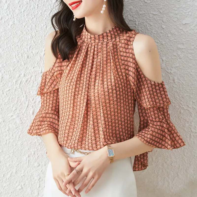 Vintage Printed Butterfly Sleeve Oversized Off Shoulder Chiffon Blouse Summer Casual Tops Elegant Women\'s Clothing Commute Shirt