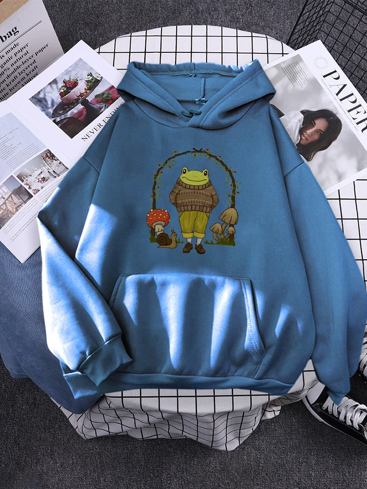 Dark Academia Goblincore Frog In Hipster Costume Women Hoodies Sports Pocket Tracksuit Kpop Oversize Streetwear Autumn Warm Top