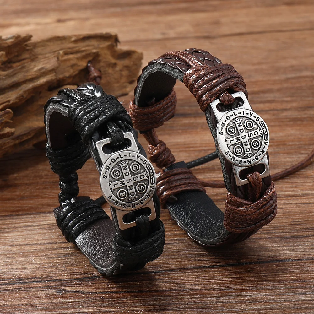 

Vintage Cross Scripture Braided Leather Bracelet Men Punk Lace Up Wristband Male Jewelry Gift