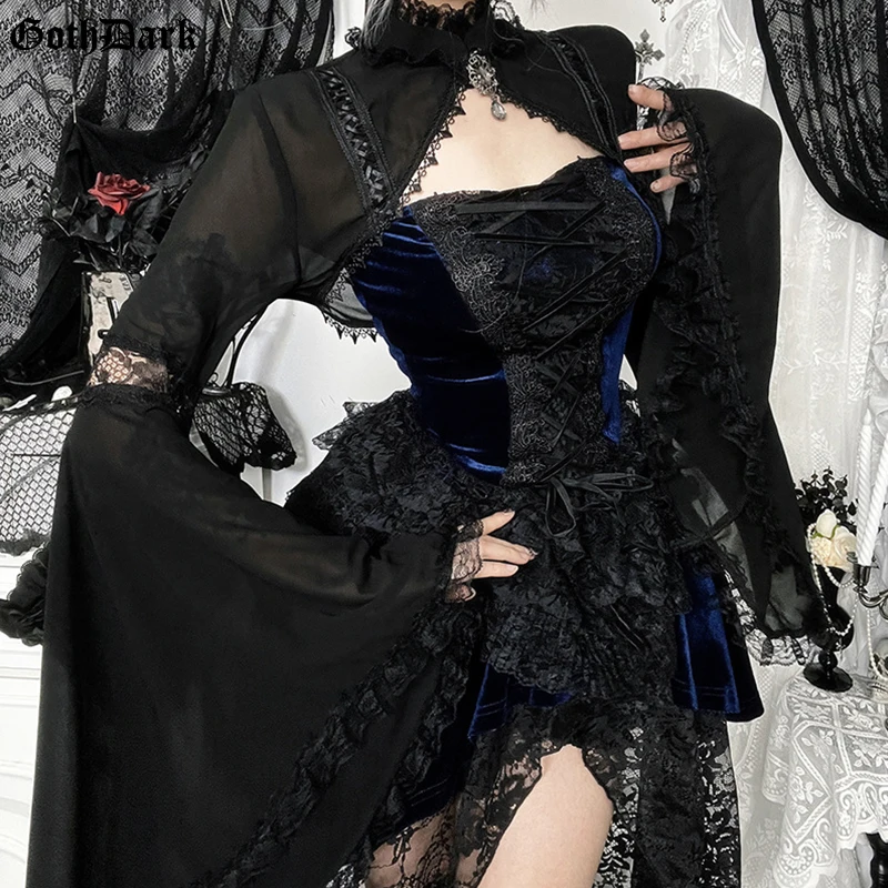 

Goth Dark Batwing Sleeve Lace Mesh See Through Crop Shrug Tops Short Cape Coats Mall Gothic Women Slim Shawl Rrash Guard Cosplay