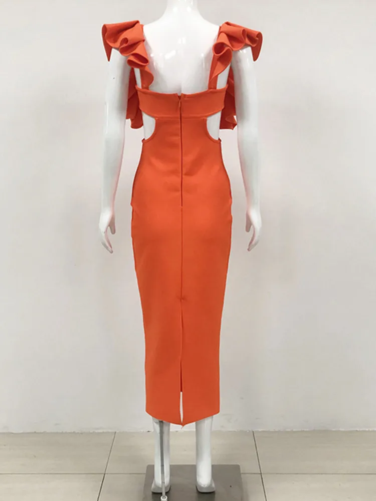 Robe de Soirée Sexy à Volants Orange pour Femme, Tenue Élégante à Bandes, Col en V, Découpé, pour Boîte de Nuit, 2024