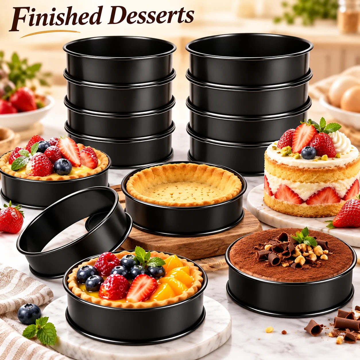 6PCS Tart Crumpet Muffin Ring Set Food-Safe Stainless Steel Nonstick Black Double-Rolled for Pancake Pastry Omelet Home Baking