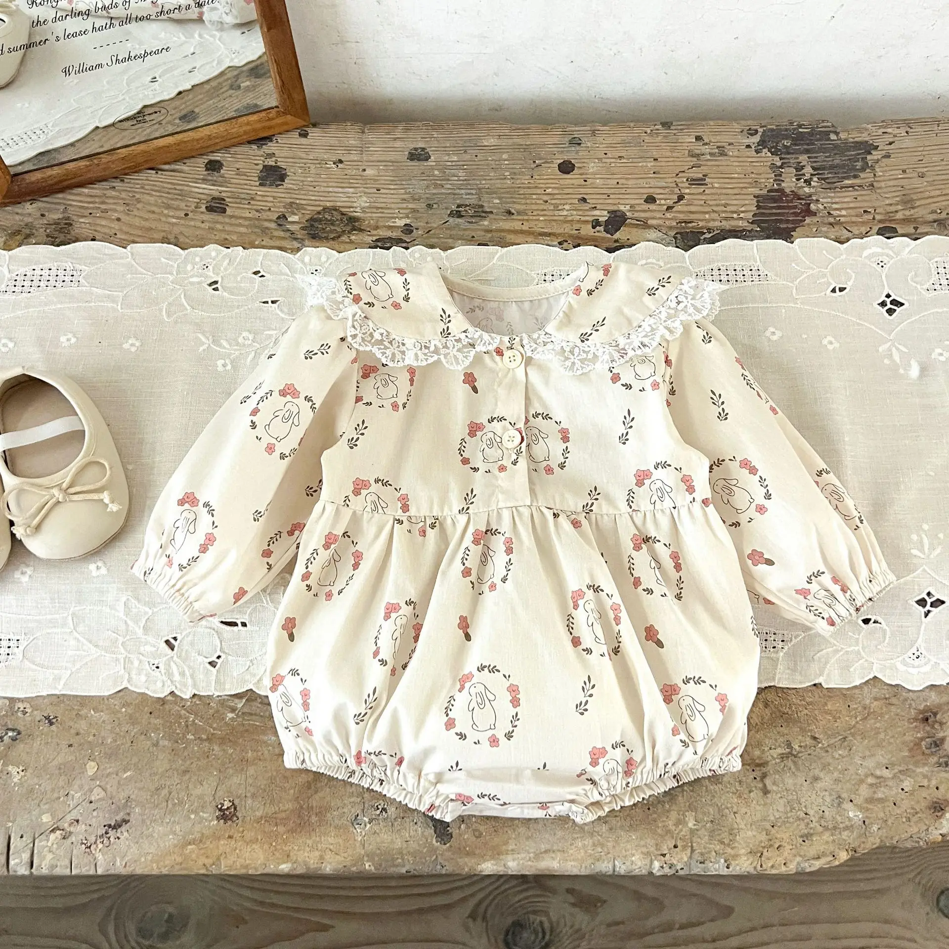 Women's Baby Pure Cotton Edge Print Turned-Up Collar Sweet Flannel Baby and Toddler Spring and Autumn Cute Onesie