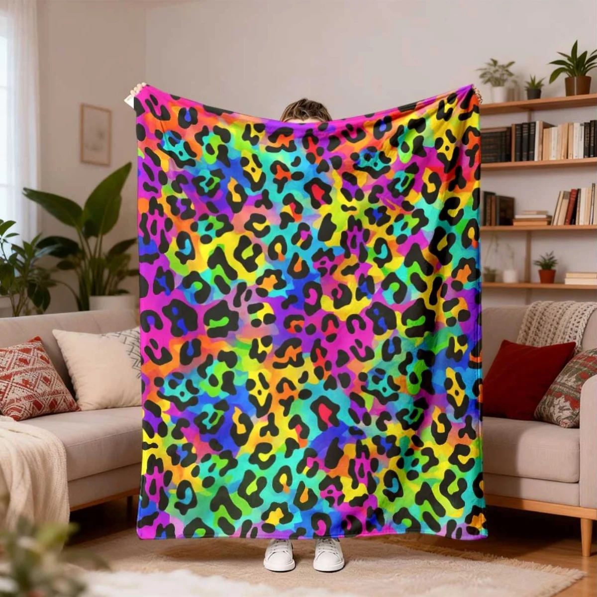 Vibrant Rainbow Gradient Leopard Spot All Over Base Fleece Blanket Cozy Throw For Bed Travel Dorm Fashion Decor Present