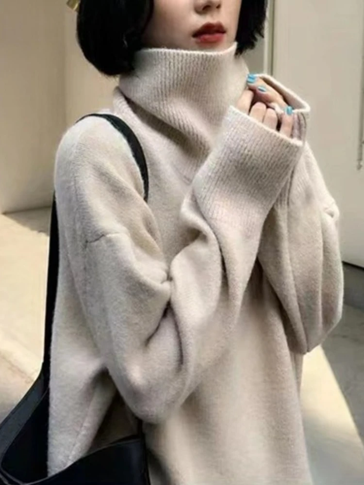 

Новинка 2025 года, свитер с высоким воротником, женский повседневный модный однотонный свитер с капюшоном, осень/зима, мягкие теплые вязаные свитера