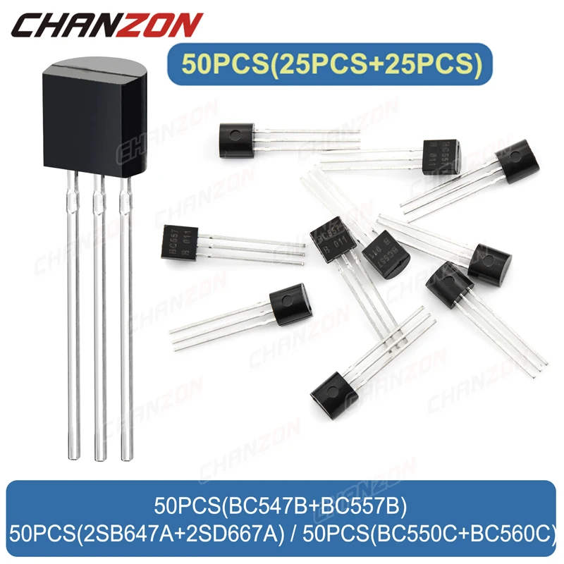 50PCS (25PCS*2 values) Bc547B Bc557B 2SB647A SD667A BC550C Bc560C TO-92 TO-92L Original NPN PNP Transistor integrated circuit