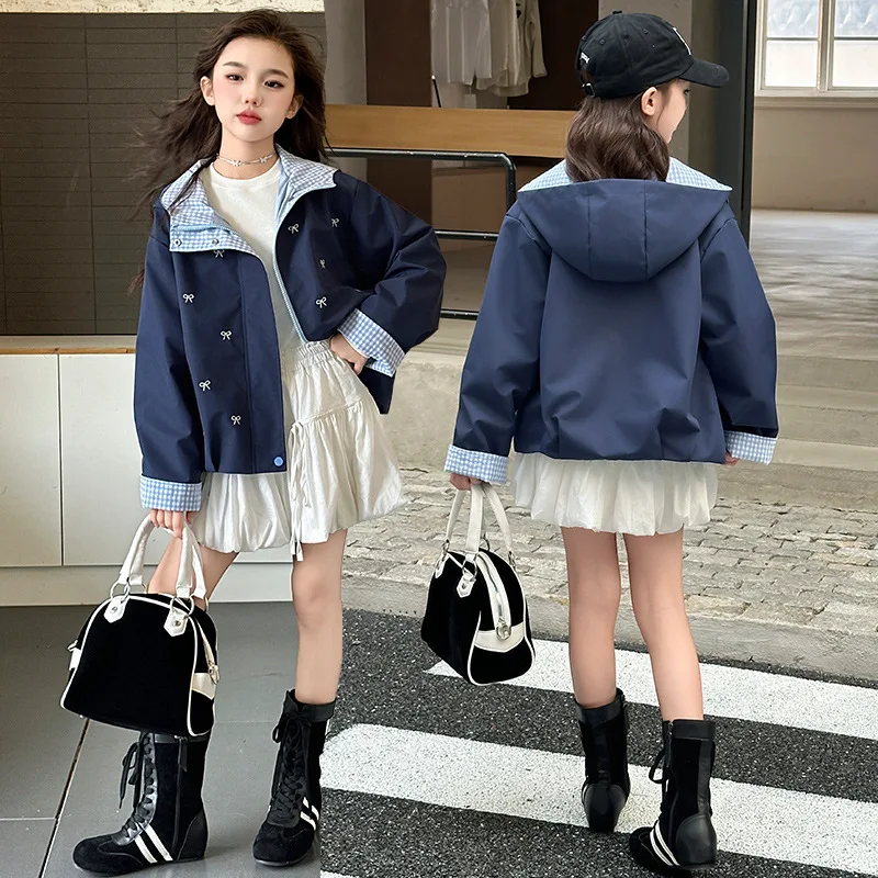 Teenager Mädchen Retro Mäntel mit Schleife Rinting für Kinder Jacken Herbst Casual Langarm Kinder Kleidung Schule Oberbekleidung 5-14Y