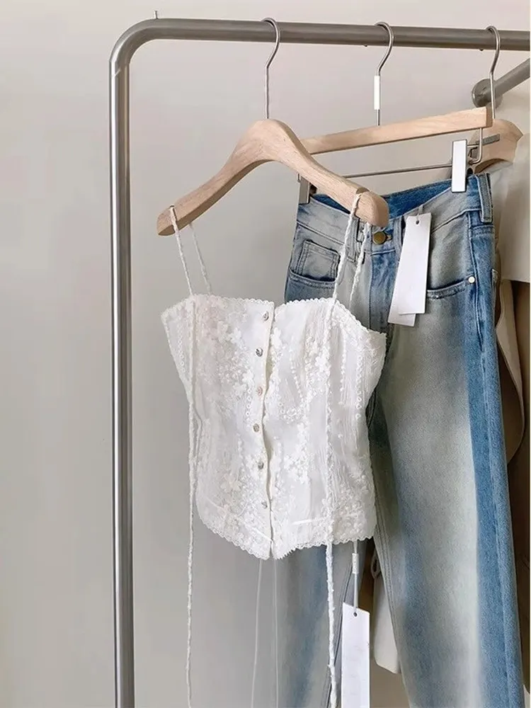 Chic Korean Style Women's Lace Camisole Tank Top White Underwear Heavy Embroidery Handbag Store Fashion Spring 2025 Short