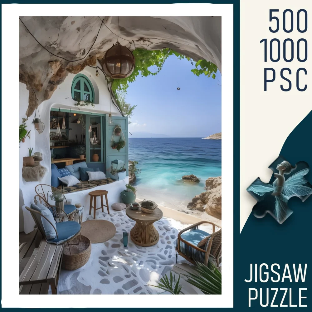 500pcs or 1000pcs Seaside Leisure Nook Jigsaw Puzzle - Mediterranean Beach House with White & Blue Coastal Scene, Challenging