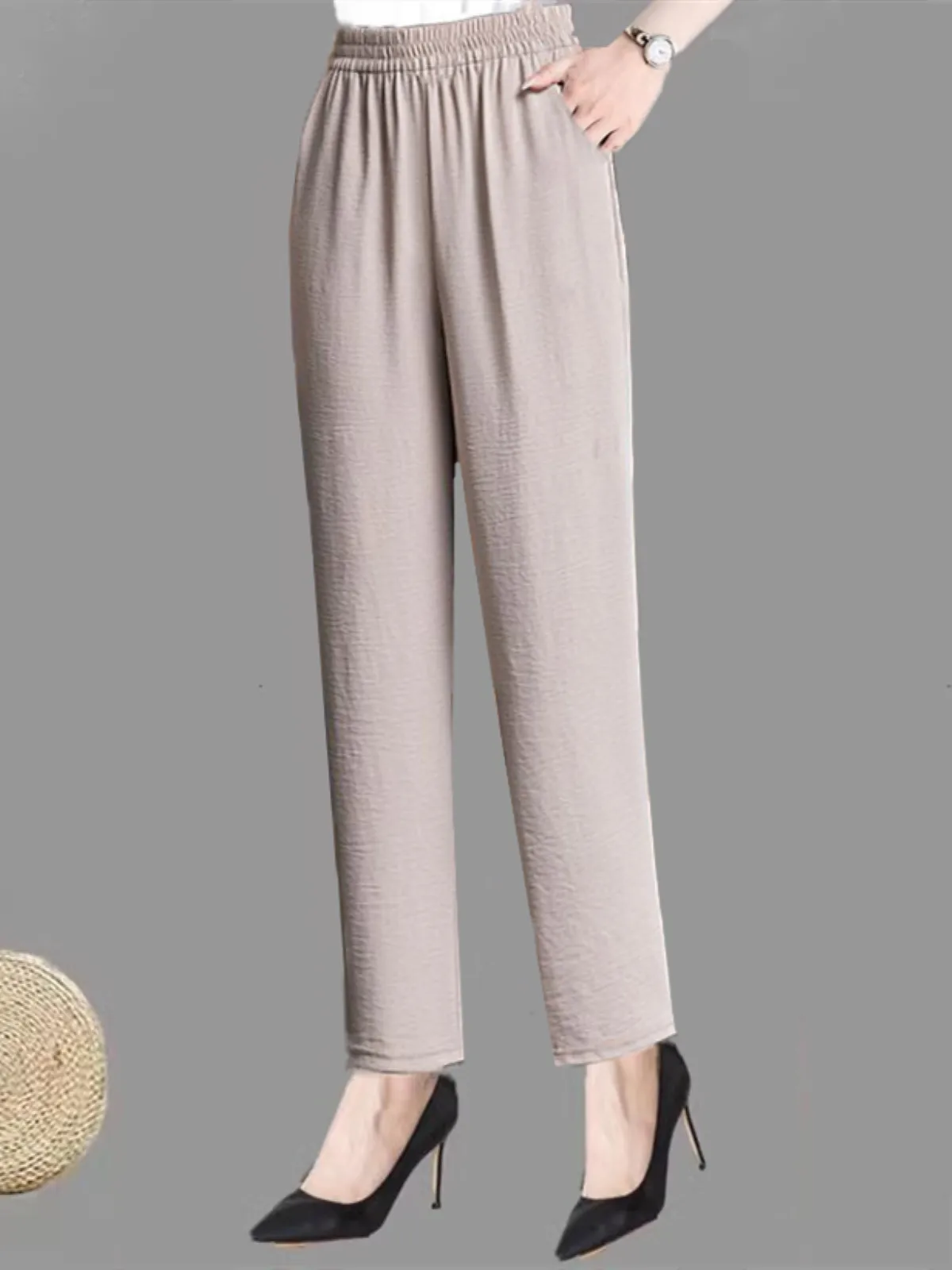 กางเกงขายาวผ้าไหมเย็นสบายสไตล์ลำลองสำหรับฤดูร้อนของคุณแม่ ทรงฮาเร็มเอวสูง ความยาวเก้าส่วน ดีไซน์ดั้งเดิม เสื้อผ้าผู้หญิง