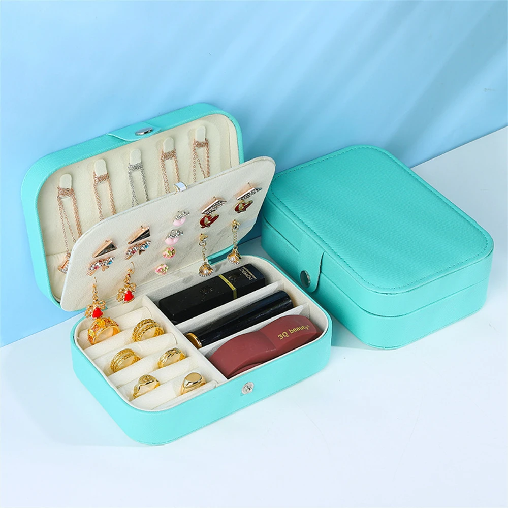 1pc Portable Jewelry Box Travel Organizer Double LayerJewelry Case PU Leather for Earrings Necklace Ring Daily Display